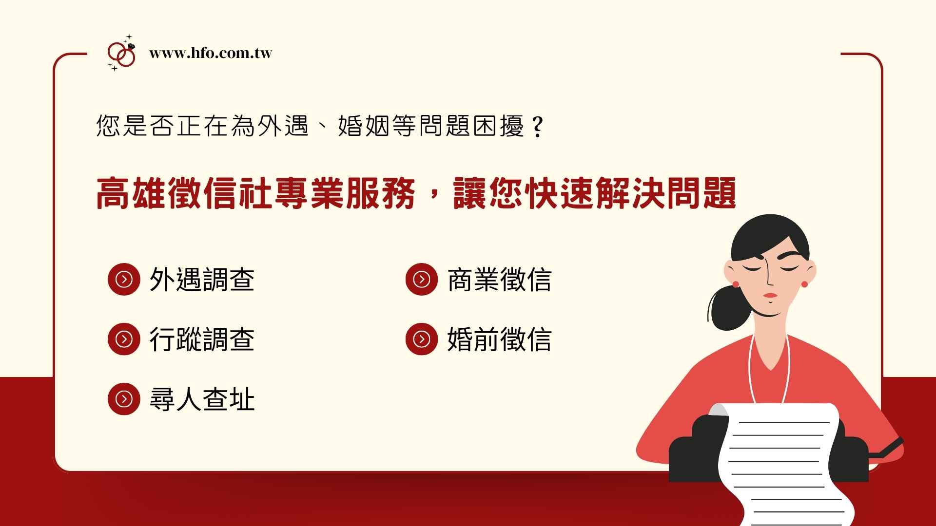 您是否正在為外遇、婚姻等問題困擾？高雄徵信社專業服務，讓您快速解決問題。